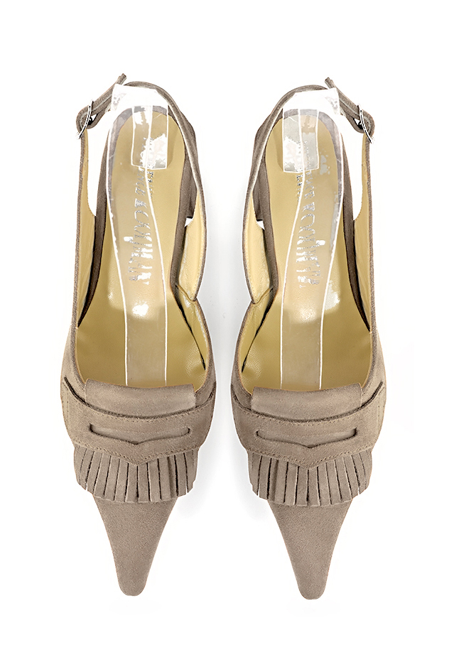 Women's tan beige slingback dress shoes. Pointed toe. Medium block heels - Top view